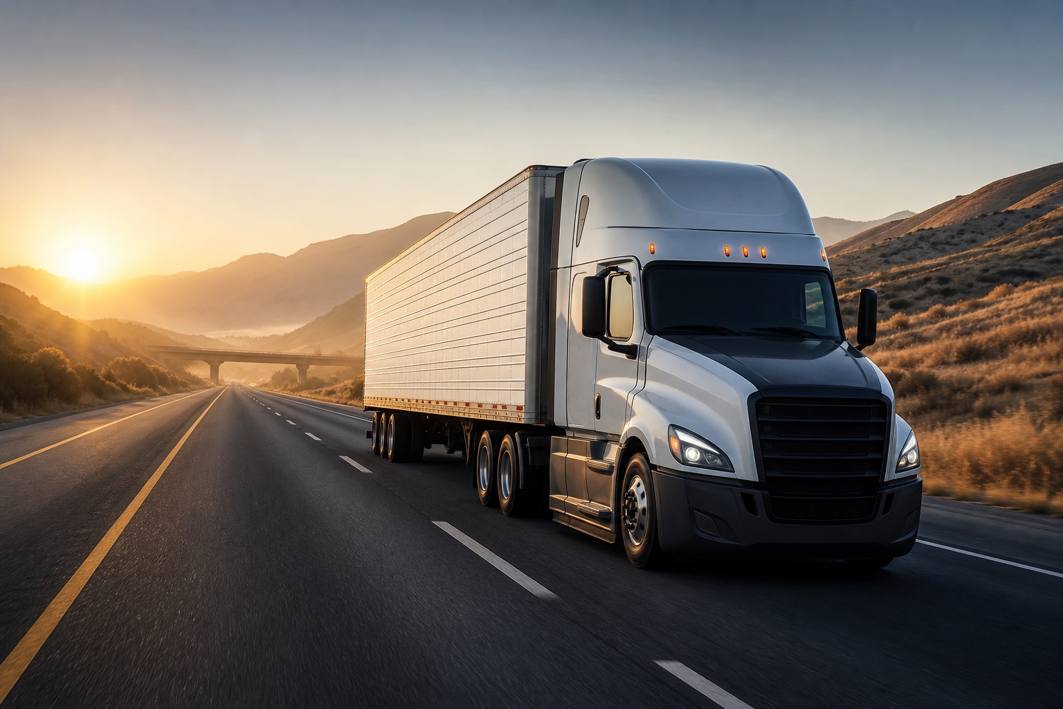 Commercial semi-truck traveling on a California highway at sunrise